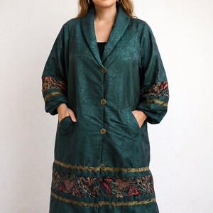 Late 80s OS International Green Rain Coat Floral Trim Midi Vintage